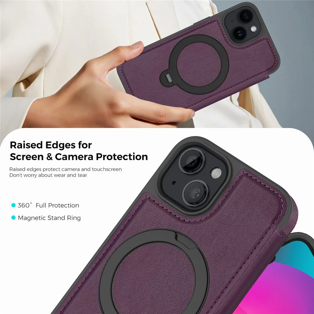 For iPhone 14 / 13 Case Compatible with MagSafe RFID Blocking Leather Wallet Cover with Rotating Ring Kickstand - Dark Purple - 7
