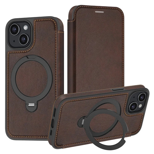 For iPhone 15 Case Compatible with MagSafe RFID Blocking Leather Wallet Cover with Rotating Ring Kickstand - Coffee - 1