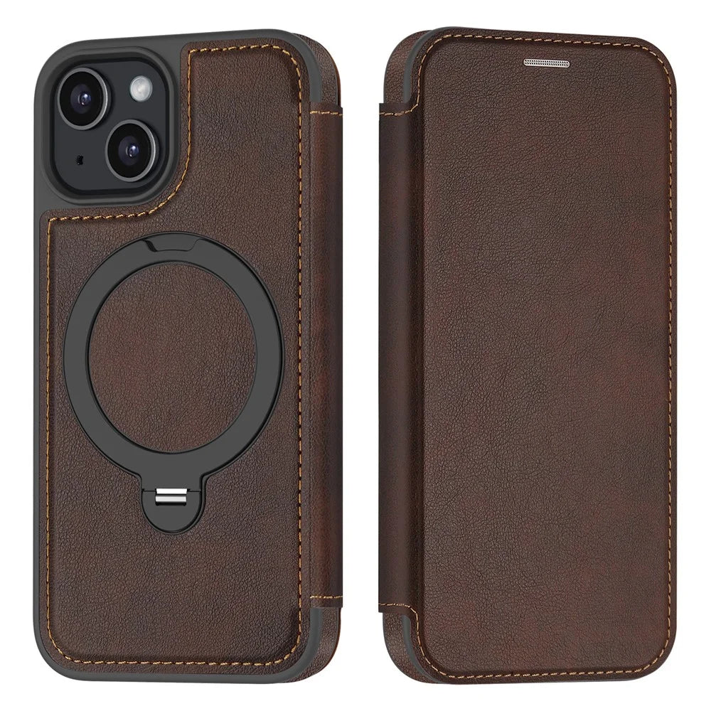 For iPhone 15 Case Compatible with MagSafe RFID Blocking Leather Wallet Cover with Rotating Ring Kickstand - Coffee - 2