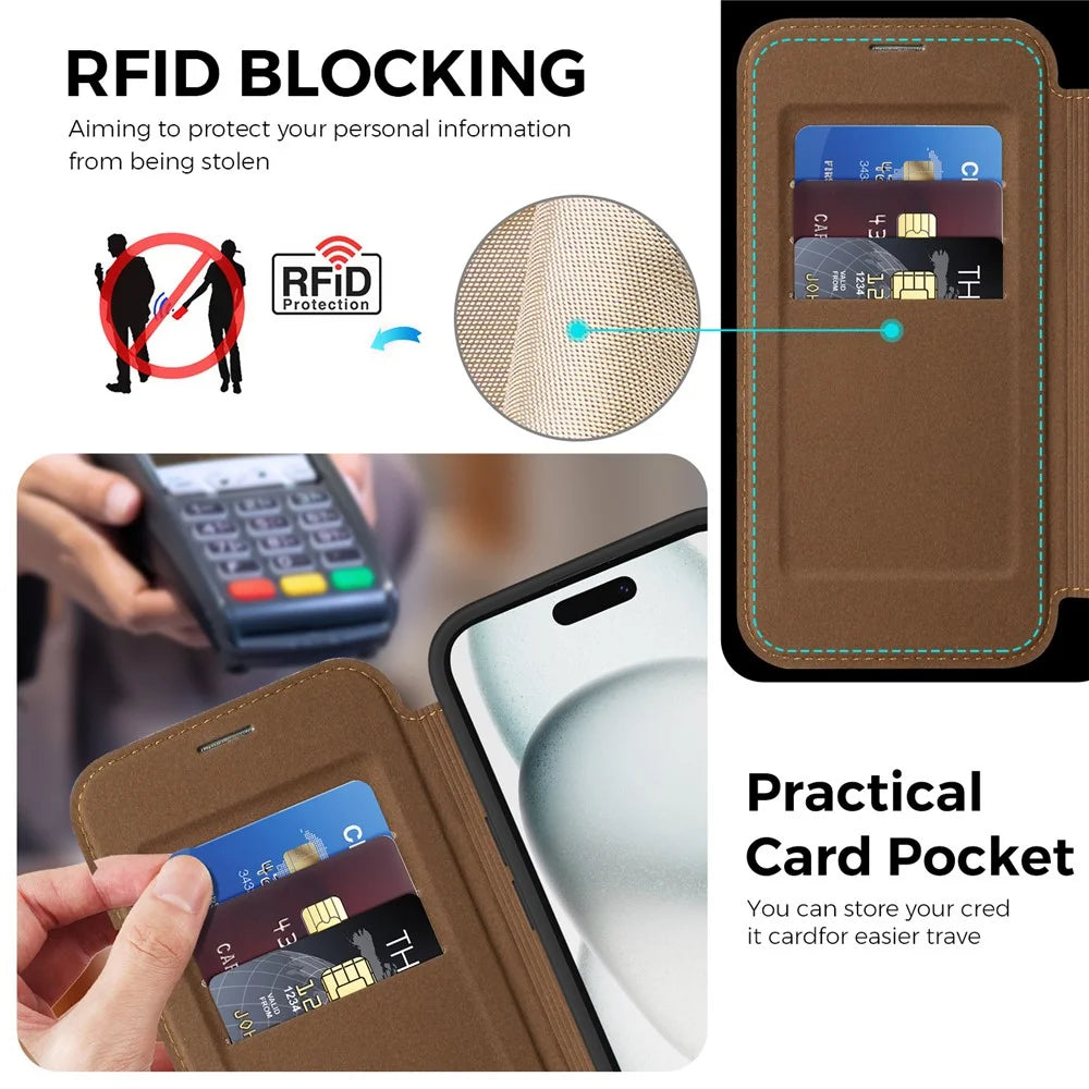 For iPhone 15 Case Compatible with MagSafe RFID Blocking Leather Wallet Cover with Rotating Ring Kickstand - Coffee - 3
