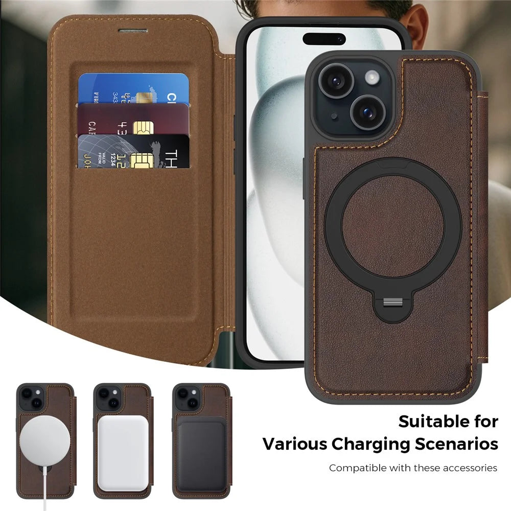 For iPhone 15 Case Compatible with MagSafe RFID Blocking Leather Wallet Cover with Rotating Ring Kickstand - Coffee - 4