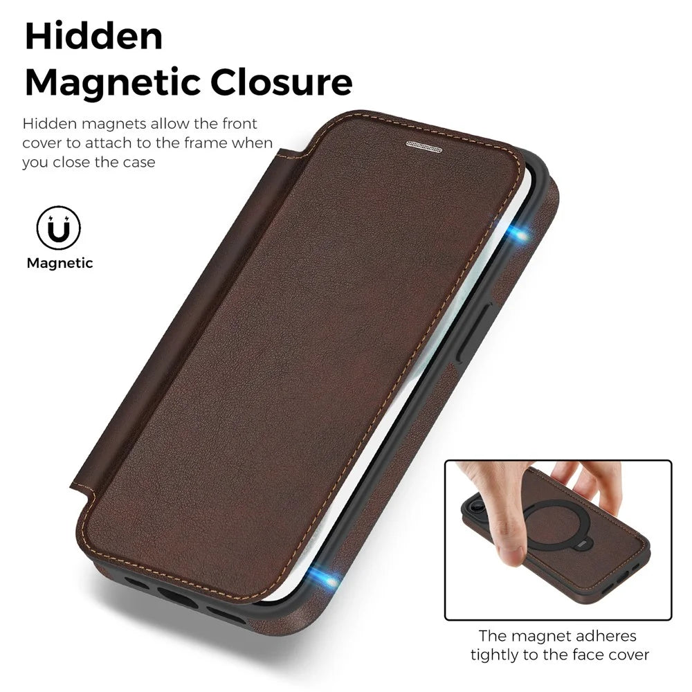 For iPhone 15 Case Compatible with MagSafe RFID Blocking Leather Wallet Cover with Rotating Ring Kickstand - Coffee - 5