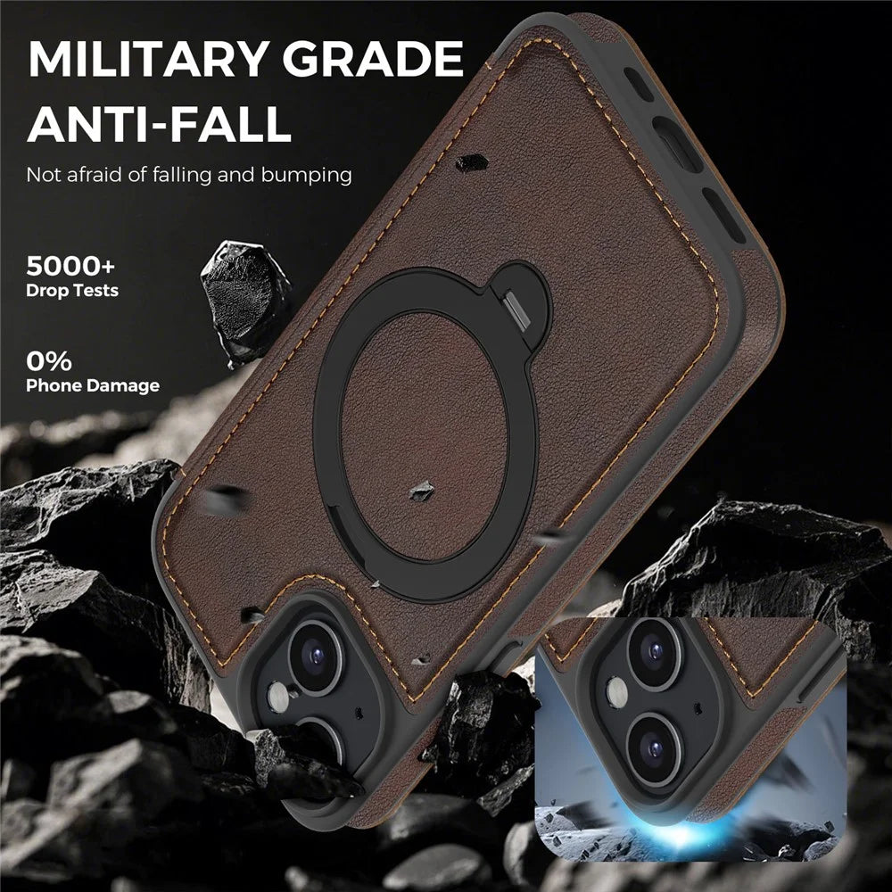 For iPhone 15 Case Compatible with MagSafe RFID Blocking Leather Wallet Cover with Rotating Ring Kickstand - Coffee - 6