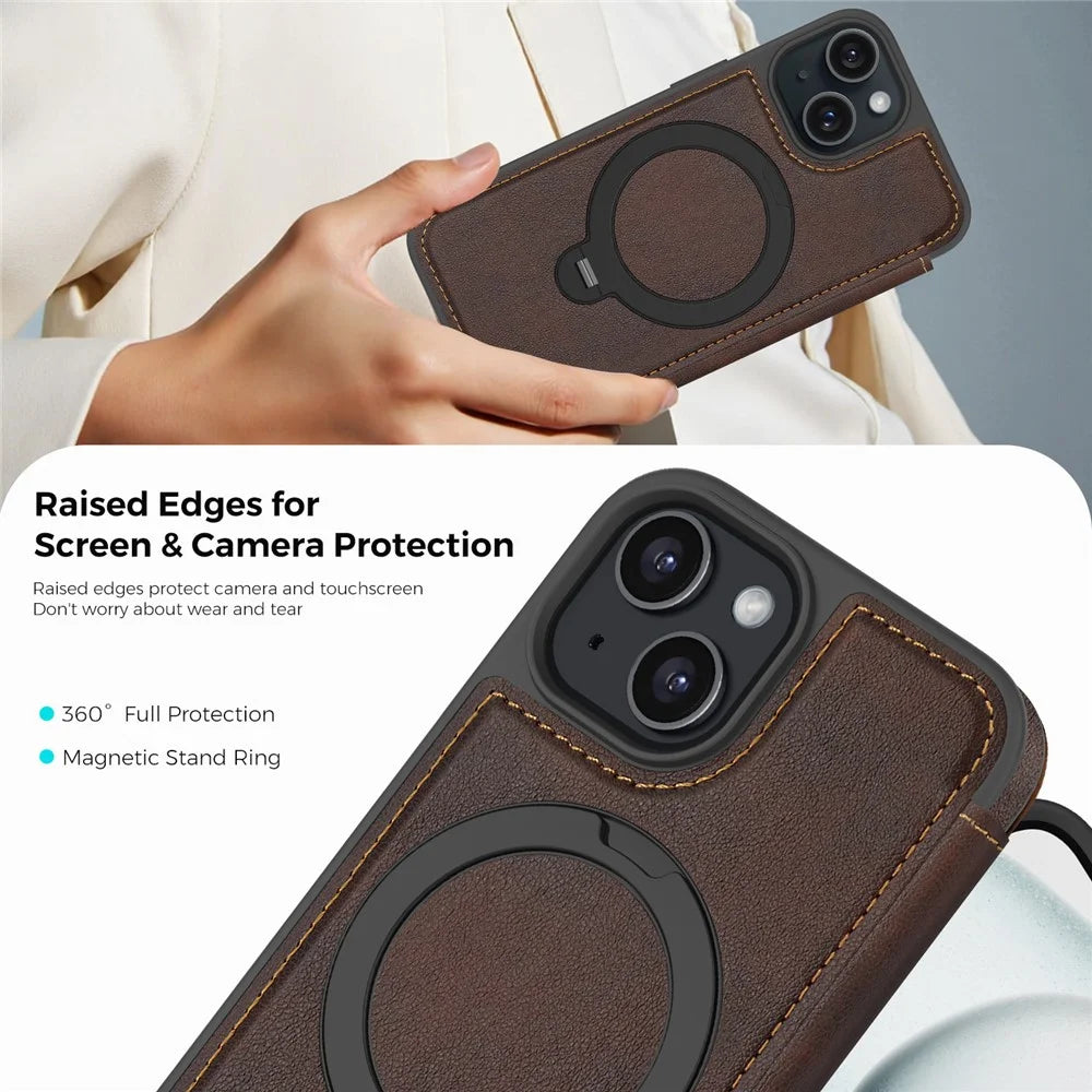 For iPhone 15 Case Compatible with MagSafe RFID Blocking Leather Wallet Cover with Rotating Ring Kickstand - Coffee - 7