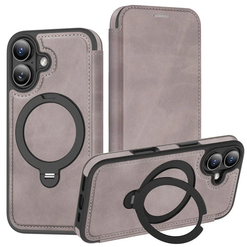 For iPhone 16 Case Compatible with MagSafe RFID Blocking Leather Wallet Cover with Rotating Ring Kickstand - Titanium Grey - 1