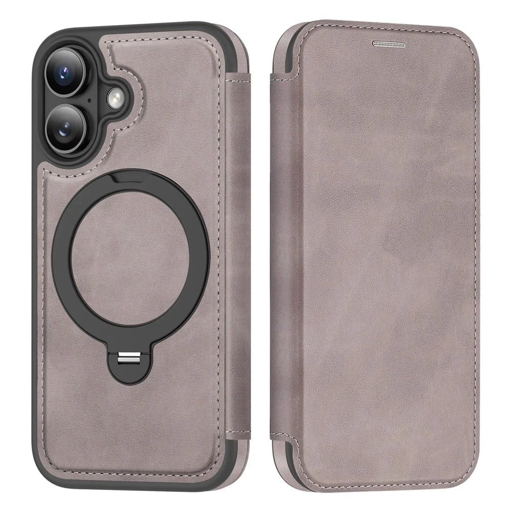 For iPhone 16 Case Compatible with MagSafe RFID Blocking Leather Wallet Cover with Rotating Ring Kickstand - Titanium Grey - 2