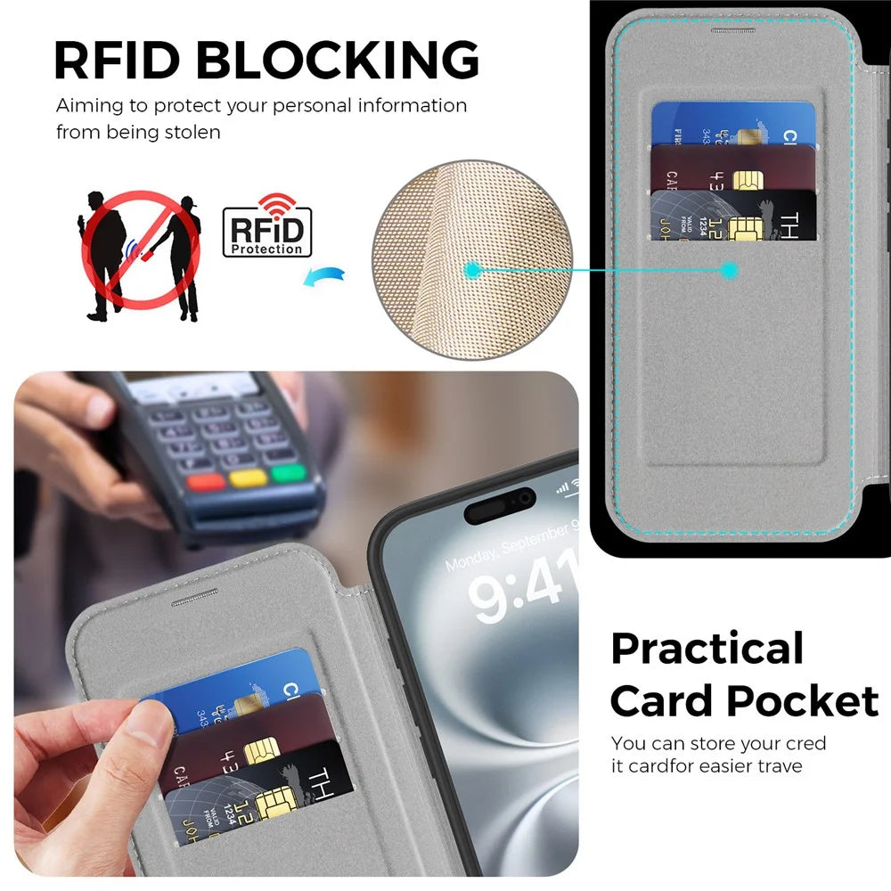 For iPhone 16 Case Compatible with MagSafe RFID Blocking Leather Wallet Cover with Rotating Ring Kickstand - Titanium Grey - 3