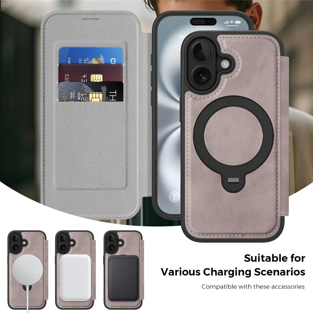 For iPhone 16 Case Compatible with MagSafe RFID Blocking Leather Wallet Cover with Rotating Ring Kickstand - Titanium Grey - 4