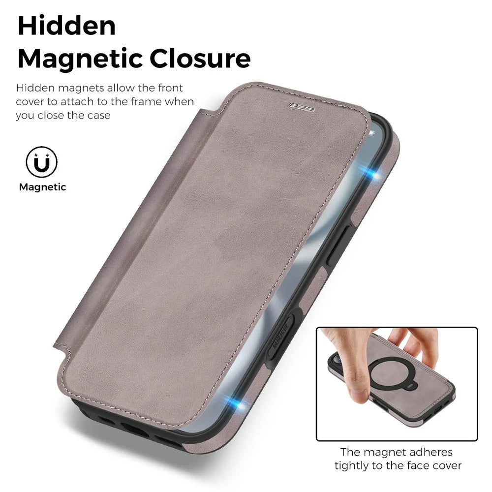For iPhone 16 Case Compatible with MagSafe RFID Blocking Leather Wallet Cover with Rotating Ring Kickstand - Titanium Grey - 5