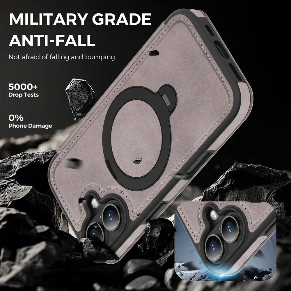 For iPhone 16 Case Compatible with MagSafe RFID Blocking Leather Wallet Cover with Rotating Ring Kickstand - Titanium Grey - 6