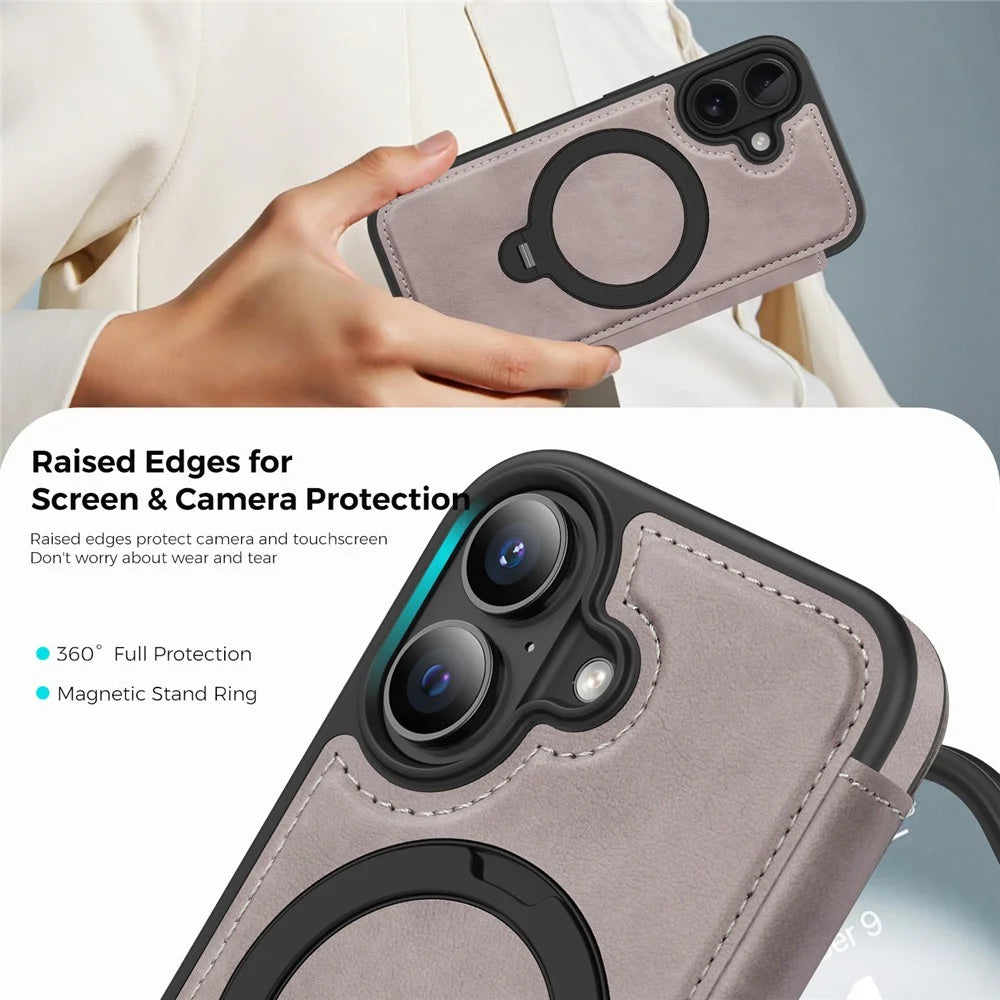 For iPhone 16 Case Compatible with MagSafe RFID Blocking Leather Wallet Cover with Rotating Ring Kickstand - Titanium Grey - 7