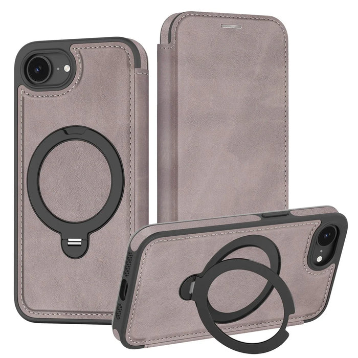 For iPhone 17e / 16e Case Compatible with MagSafe RFID Blocking Leather Wallet Cover with Rotating Ring Kickstand - Titanium Grey - 1