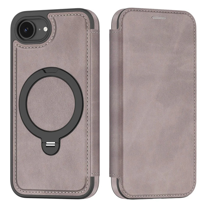 For iPhone 17e / 16e Case Compatible with MagSafe RFID Blocking Leather Wallet Cover with Rotating Ring Kickstand - Titanium Grey - 2