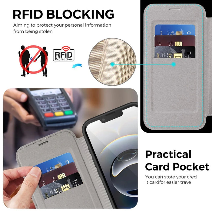 For iPhone 17e / 16e Case Compatible with MagSafe RFID Blocking Leather Wallet Cover with Rotating Ring Kickstand - Titanium Grey - 3