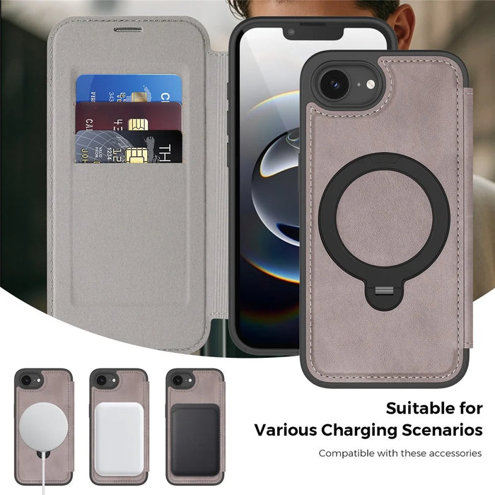 For iPhone 17e / 16e Case Compatible with MagSafe RFID Blocking Leather Wallet Cover with Rotating Ring Kickstand - Titanium Grey - 4