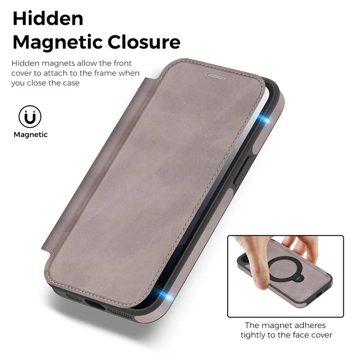 For iPhone 17e / 16e Case Compatible with MagSafe RFID Blocking Leather Wallet Cover with Rotating Ring Kickstand - Titanium Grey - 5