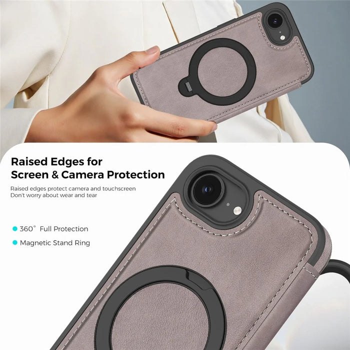 For iPhone 17e / 16e Case Compatible with MagSafe RFID Blocking Leather Wallet Cover with Rotating Ring Kickstand - Titanium Grey - 7