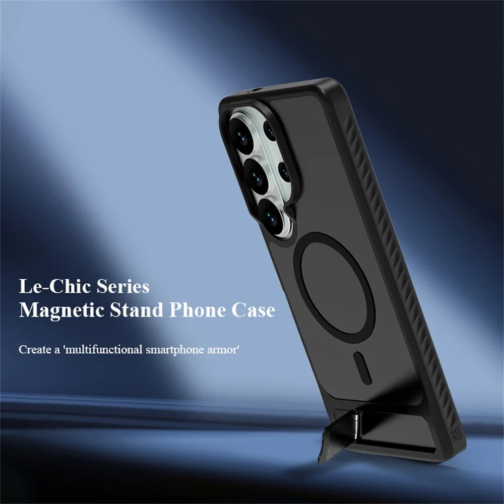 LEREACH Le-Chic Series for Samsung Galaxy S26 Ultra Magnetic Case TPU + PC Kickstand Phone Cover - Black - 6
