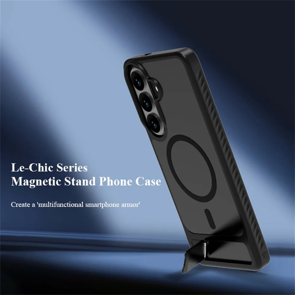 LEREACH Le-Chic Series for Samsung Galaxy S26+ Magnetic Case TPU + PC Kickstand Phone Cover - Black - 6