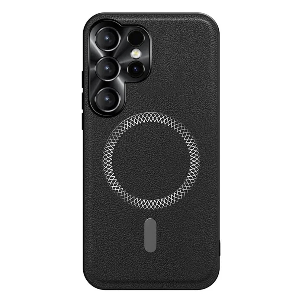 For Samsung Galaxy S26 Ultra Case PU TPU PC Phone Back Cover with Metal Lens Frame - Black - 1
