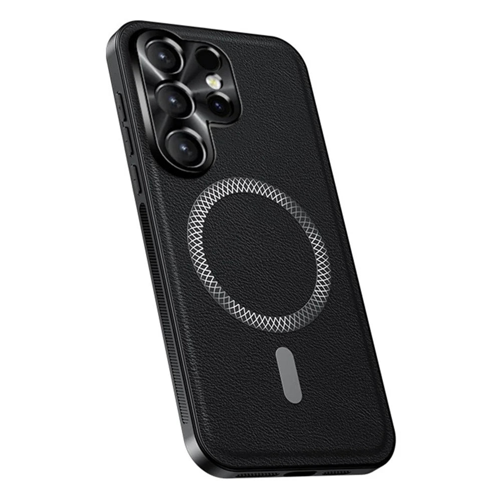 For Samsung Galaxy S26 Ultra Case PU TPU PC Phone Back Cover with Metal Lens Frame - Black - 2