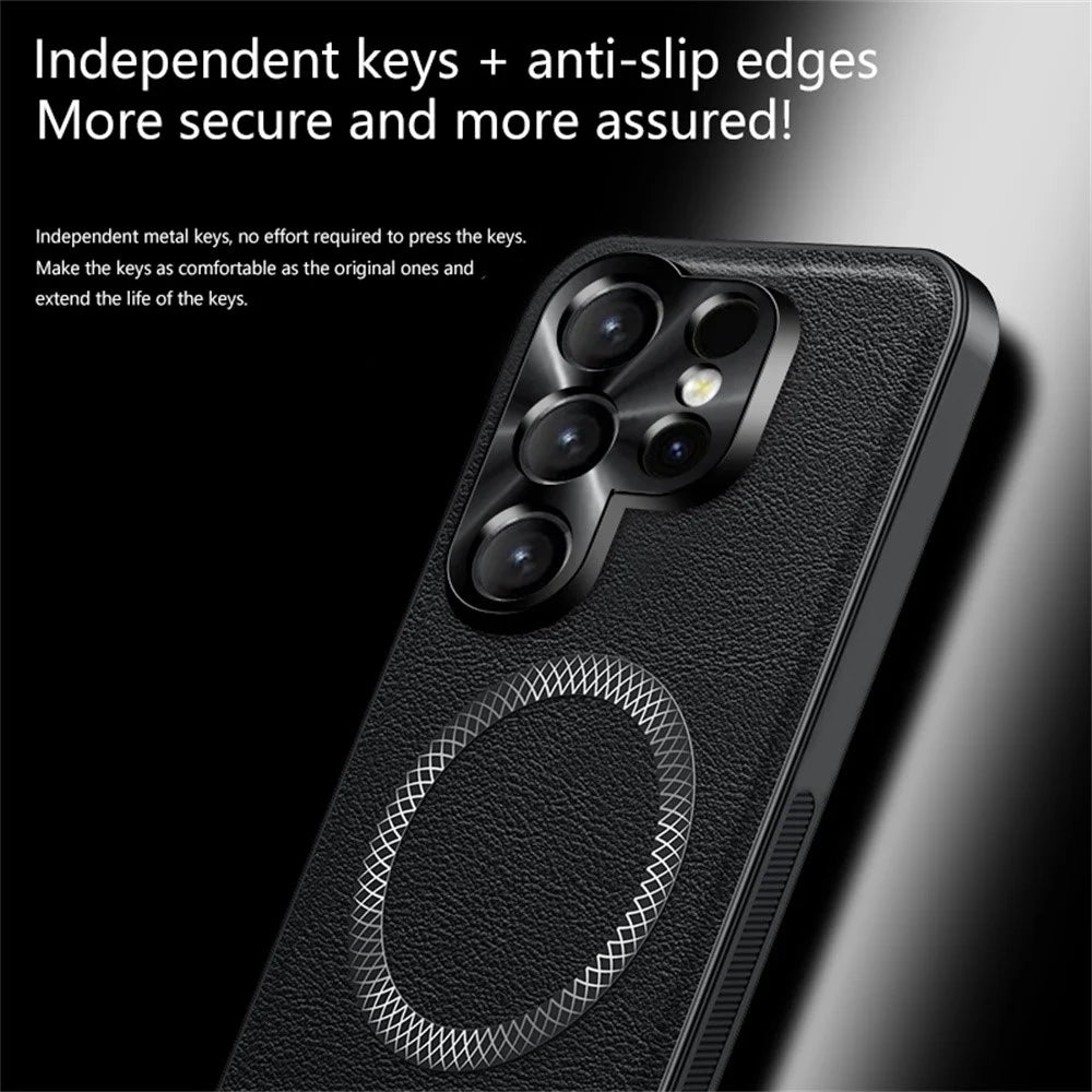 For Samsung Galaxy S26 Ultra Case PU TPU PC Phone Back Cover with Metal Lens Frame - Black - 6
