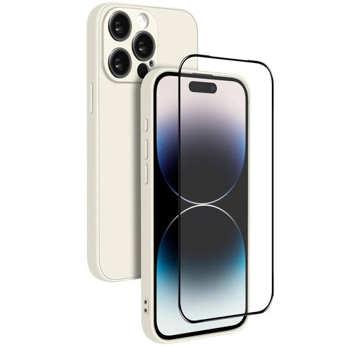 NORTHJO For iPhone 14 Pro Max Silicone Case with High Aluminium-Silicon Glass Film, Shockproof Phone Cover - White - 1