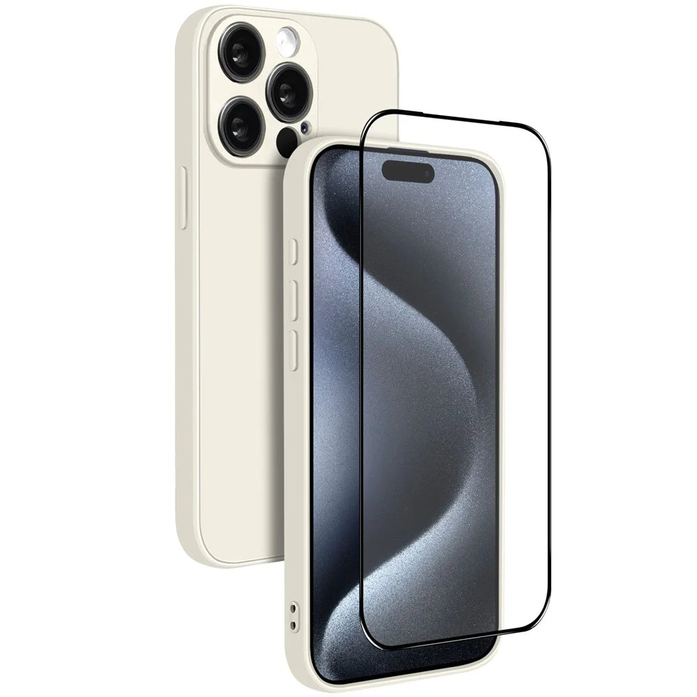 NORTHJO For iPhone 15 Pro Max Silicone Case with High Aluminium-Silicon Glass Film, Shockproof Phone Cover - White - 1