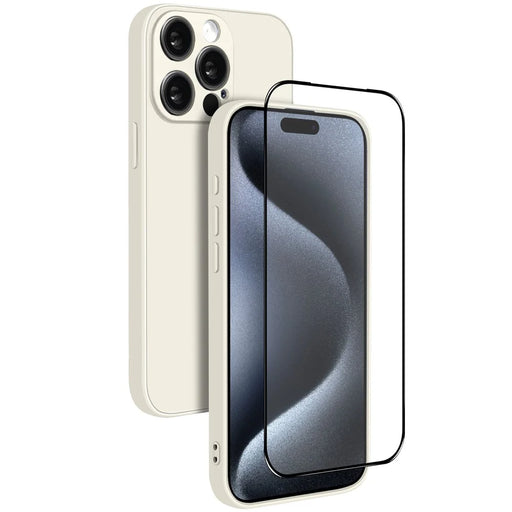 NORTHJO For iPhone 15 Pro Silicone Case with High Aluminium-Silicon Glass Film, Shockproof Phone Cover - White - 1