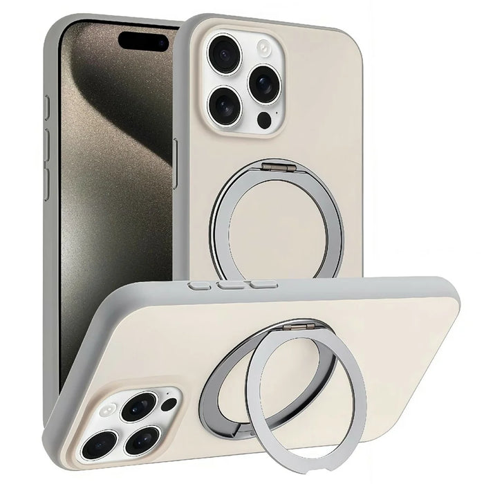 For iPhone 15 Pro Magnetic Case Rotary Kickstand Skin Touch PC + TPU Phone Cover Support Wireless Charging - Grey - 1