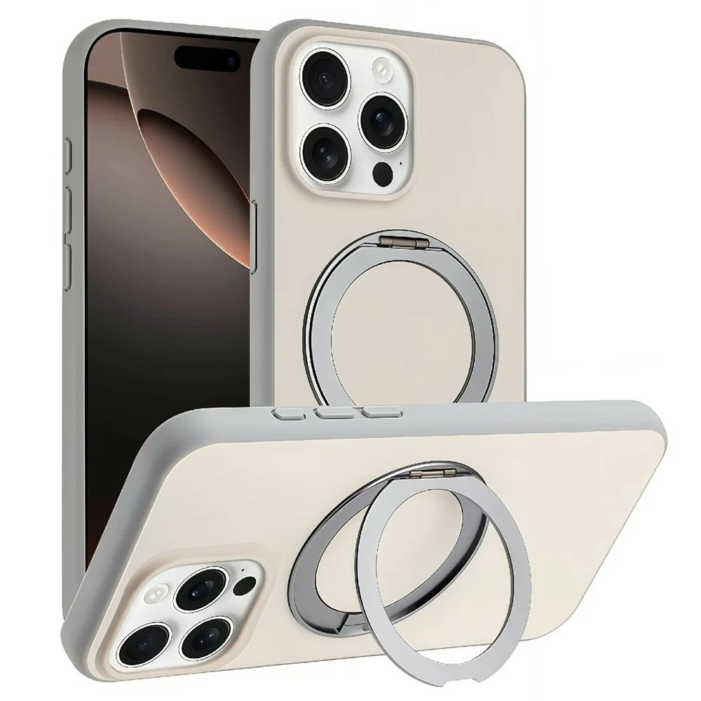 For iPhone 15 Pro Max Magnetic Case Rotary Kickstand Skin Touch PC + TPU Phone Cover Support Wireless Charging - Grey - 1