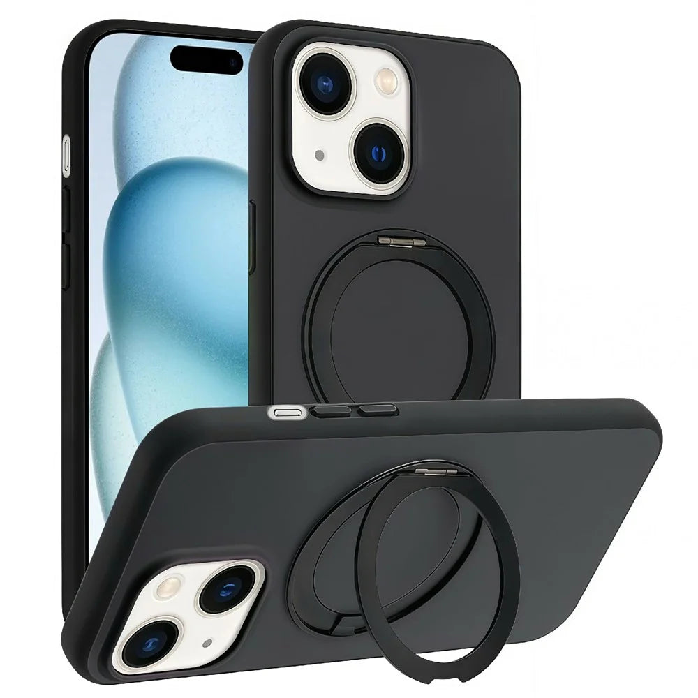 For iPhone 15 Magnetic Case Rotary Kickstand Skin Touch PC + TPU Phone Cover Support Wireless Charging - Black - 1