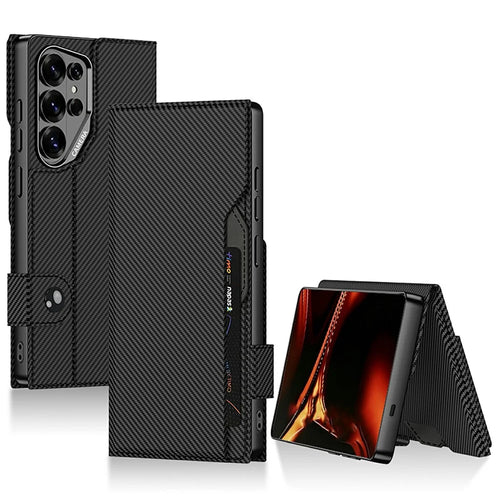GKK For Samsung Galaxy S26 Ultra Stand Case Magnetic Closure Oil Wax Leather Flip Phone Cover with Card Holder - Carbon Fiber Texture - 1