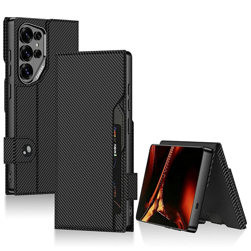 GKK For Samsung Galaxy S26 Ultra Stand Case Magnetic Closure Oil Wax Leather Flip Phone Cover with Card Holder - Carbon Fiber Texture - 1