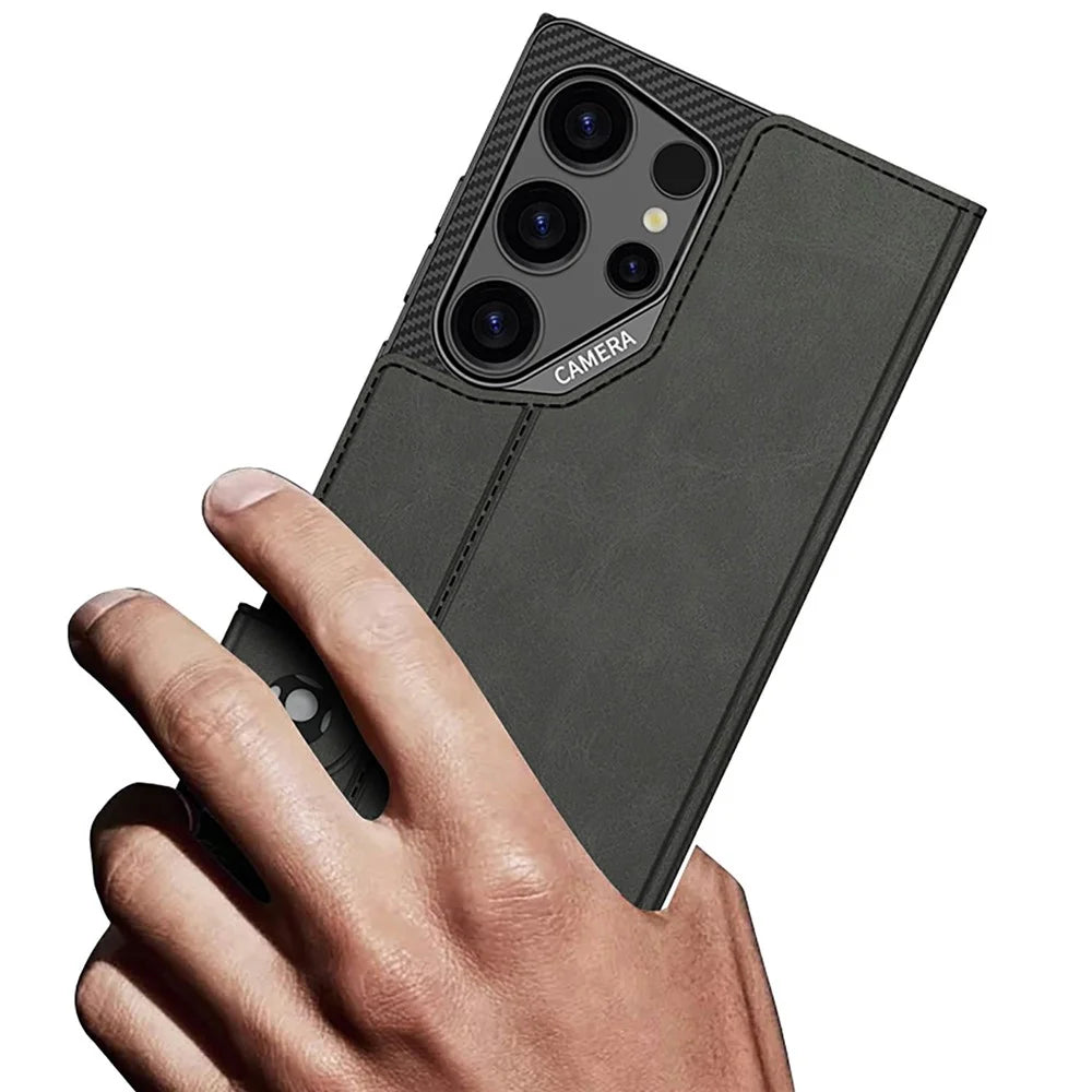 GKK For Samsung Galaxy S26 Ultra Stand Case Magnetic Closure Oil Wax Leather Flip Phone Cover with Card Holder - Carbon Fiber Texture - 4