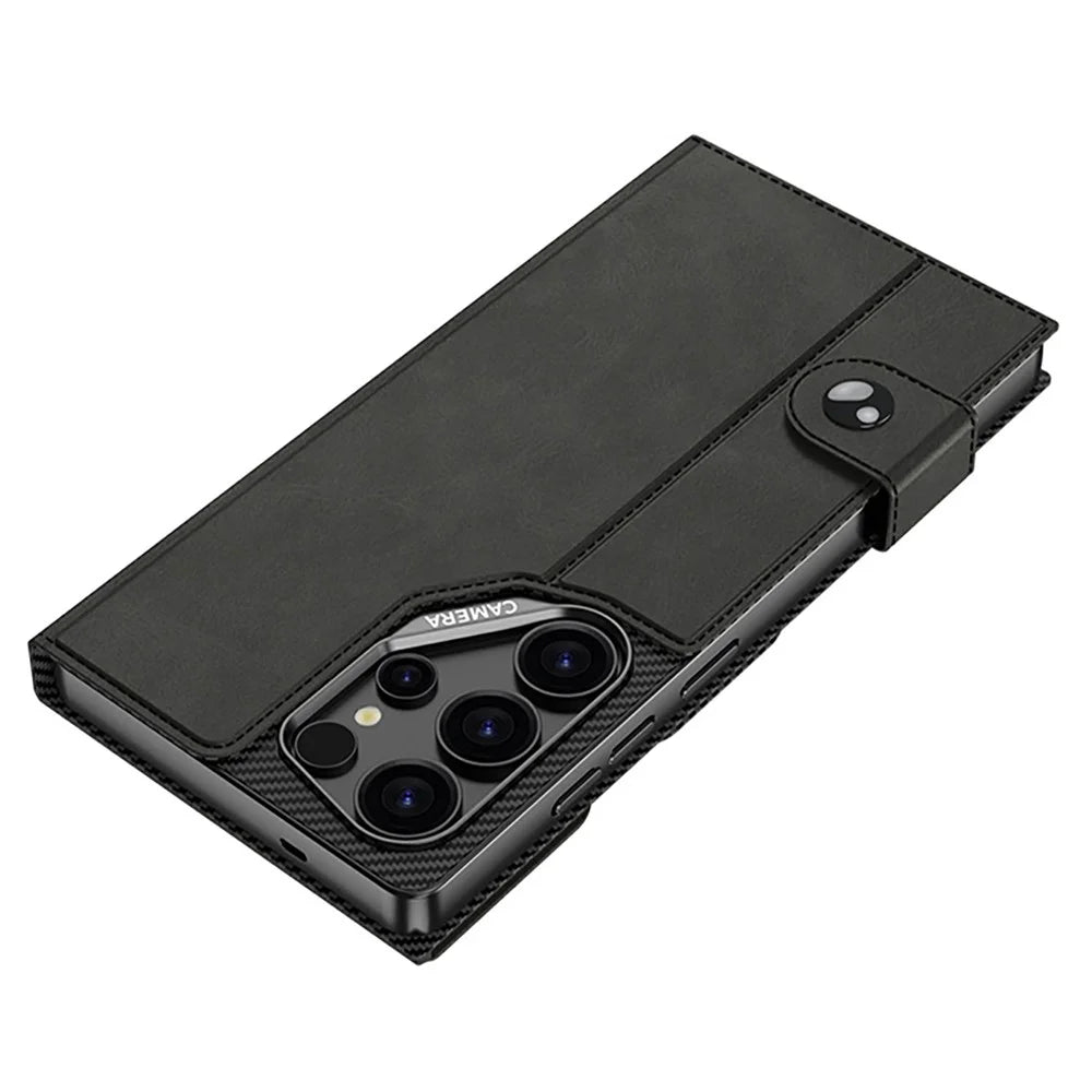 GKK For Samsung Galaxy S26 Ultra Stand Case Magnetic Closure Oil Wax Leather Flip Phone Cover with Card Holder - Carbon Fiber Texture - 5