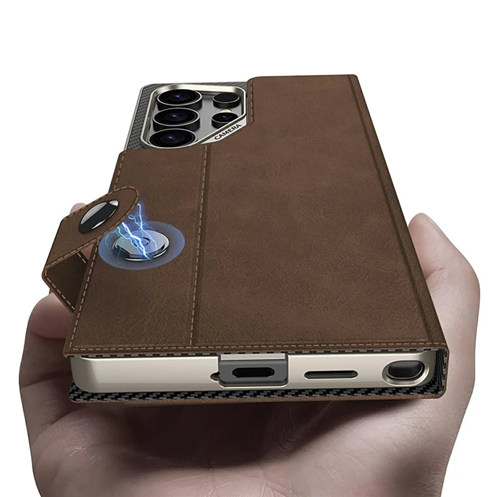 GKK For Samsung Galaxy S26 Ultra Stand Case Magnetic Closure Oil Wax Leather Flip Phone Cover with Card Holder - Carbon Fiber Texture - 7