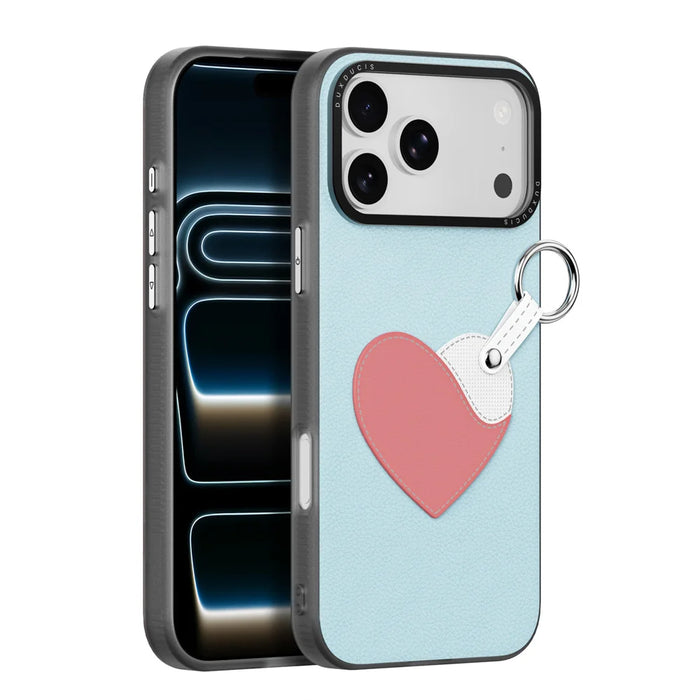 DUX DUCIS For iPhone 17 Pro Case  Luvy Series PU Leather + PC Phone Case with Finger Ring / Strap - Sky Blue & Heart - 1