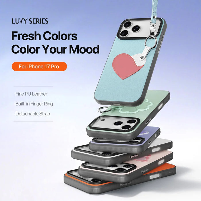 DUX DUCIS For iPhone 17 Pro Case  Luvy Series PU Leather + PC Phone Case with Finger Ring / Strap - Sky Blue & Heart - 4