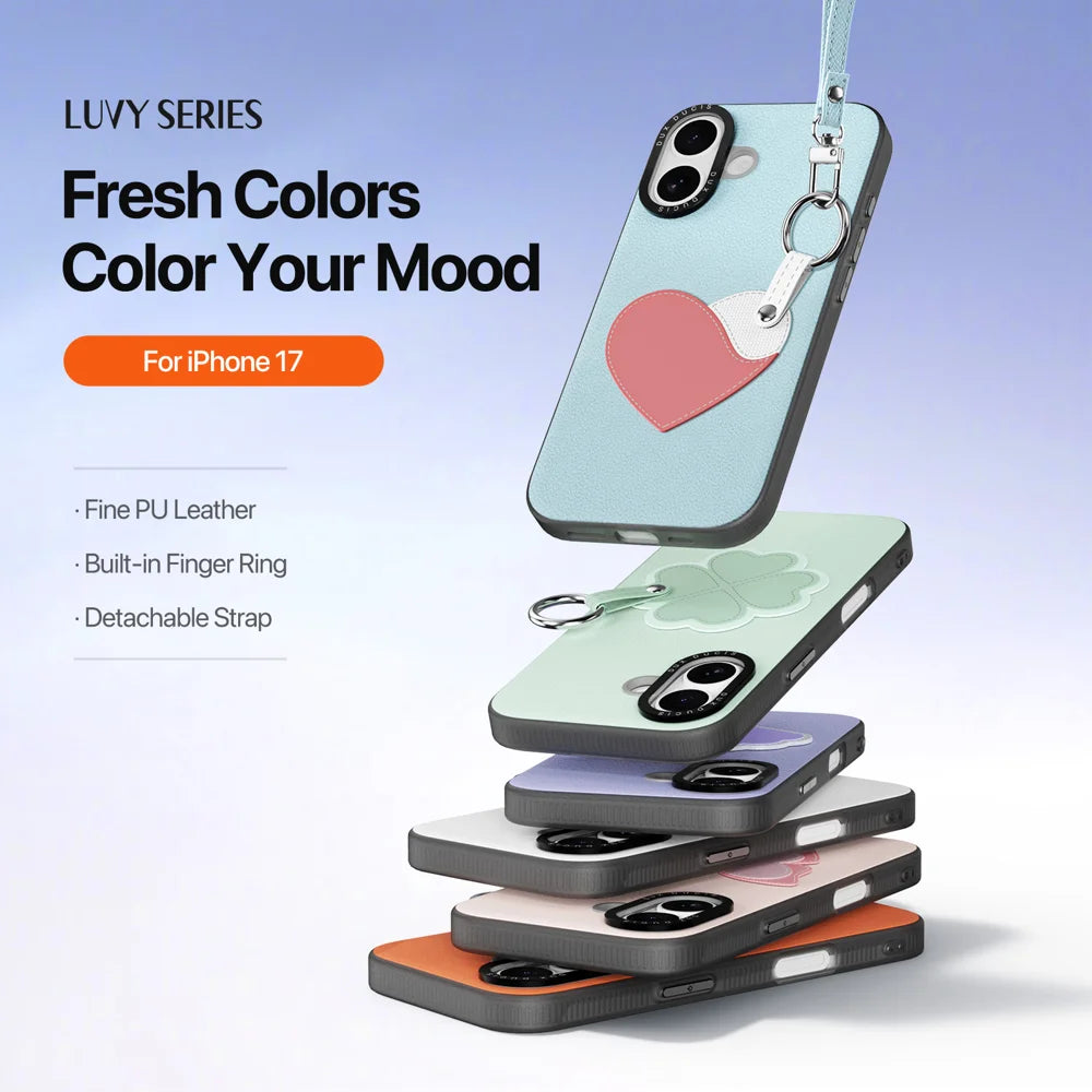 DUX DUCIS For iPhone 17 Case  Luvy Series PU Leather + PC Phone Case with Finger Ring / Strap - Sky Blue & Heart - 4