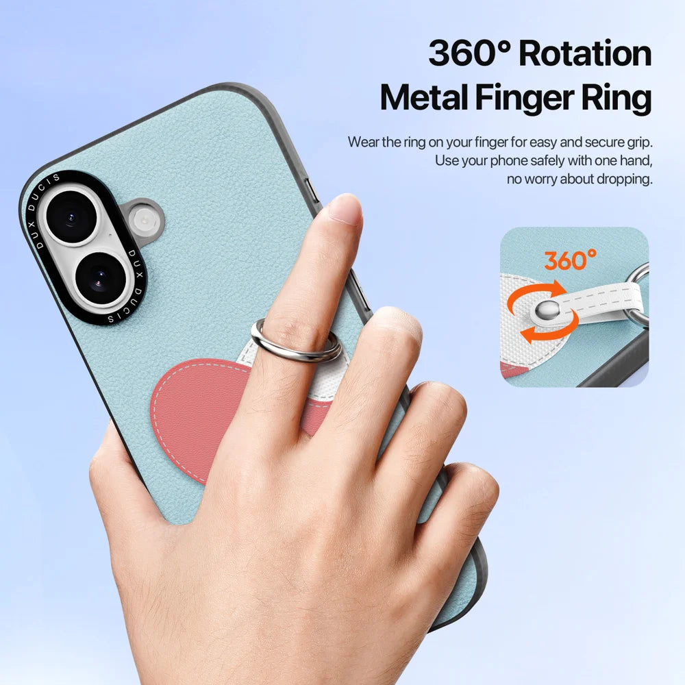 DUX DUCIS For iPhone 17 Case  Luvy Series PU Leather + PC Phone Case with Finger Ring / Strap - Sky Blue & Heart - 6