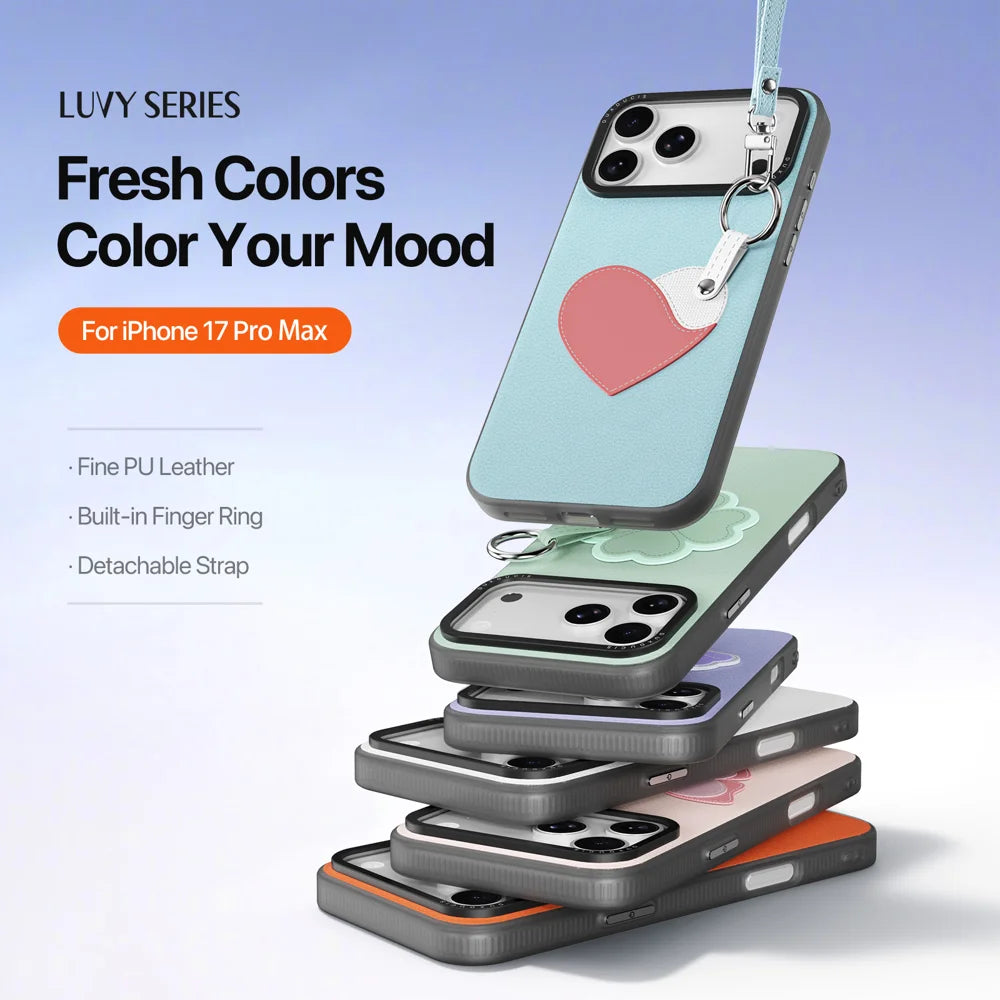 DUX DUCIS For iPhone 17 Pro Max Case  Luvy Series PU Leather + PC Phone Case with Finger Ring / Strap - Sky Blue & Heart - 4