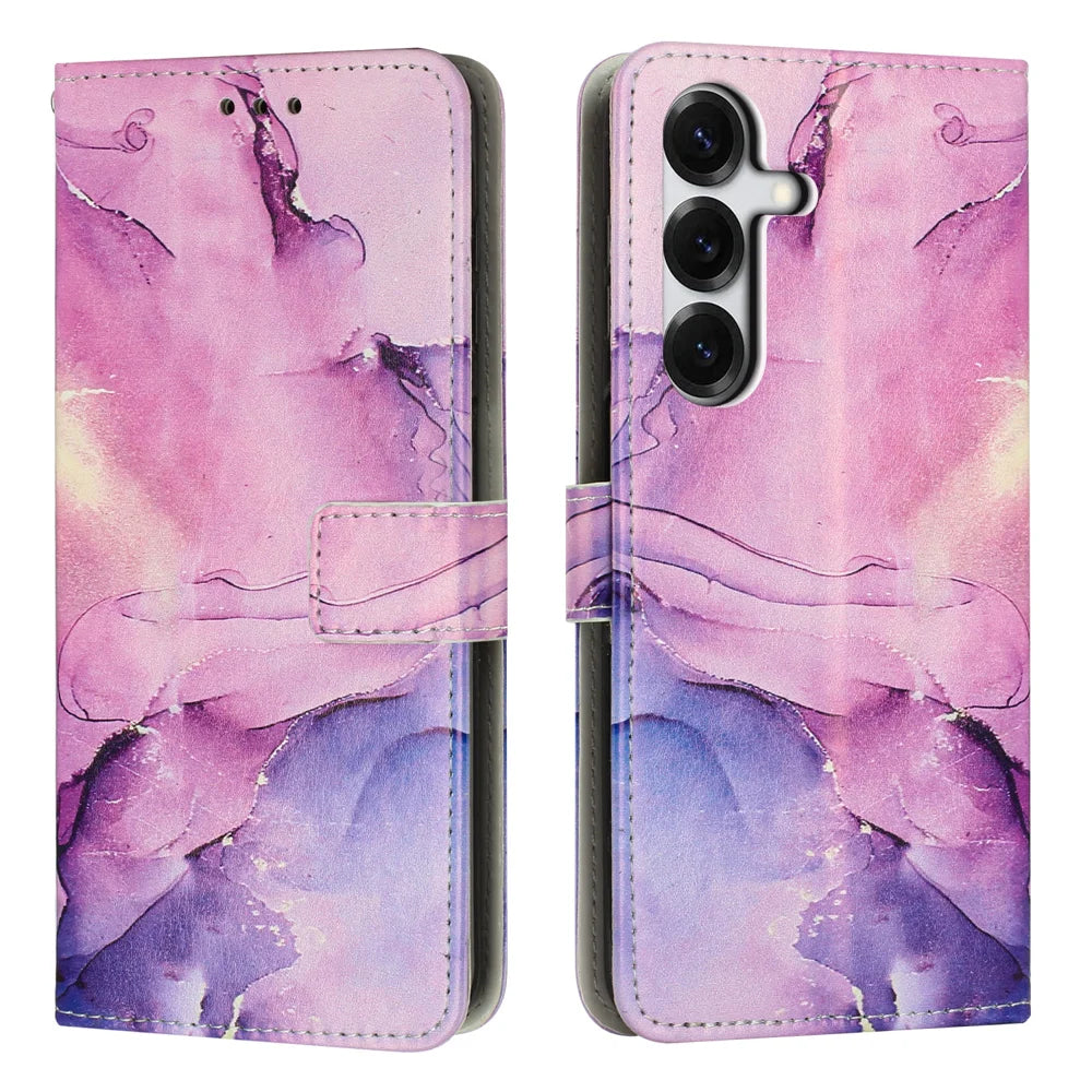 For Samsung Galaxy S26+ Stand Case Marble Pattern PU Leather Wallet Phone Cover - Purple - 1