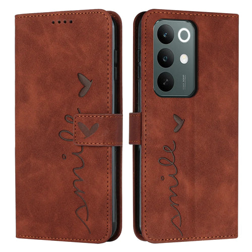 For Realme C85 Pro 4G Stand Case PU Leather Phone Cover Imprinted Heart Pattern - Brown - 1