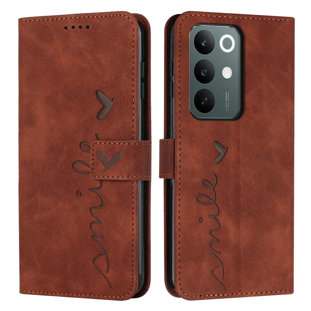 For Realme C85 Pro 4G Stand Case PU Leather Phone Cover Imprinted Heart Pattern - Brown - 1