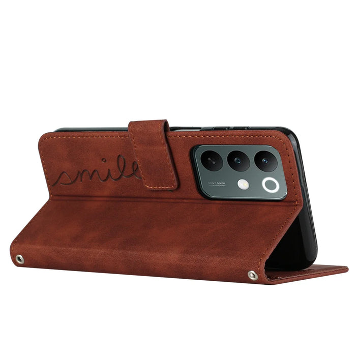 For Realme C85 Pro 4G Stand Case PU Leather Phone Cover Imprinted Heart Pattern - Brown - 2