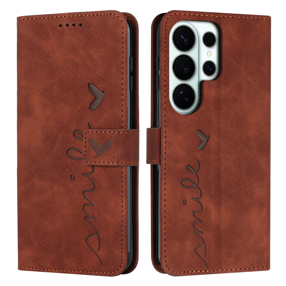 For Samsung Galaxy S26 Ultra Stand Case PU Leather Phone Cover Imprinted Heart Pattern - Brown - 1