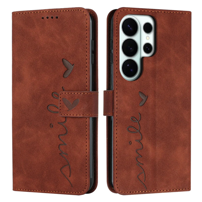 For Samsung Galaxy S26 Ultra Stand Case PU Leather Phone Cover Imprinted Heart Pattern - Brown - 1