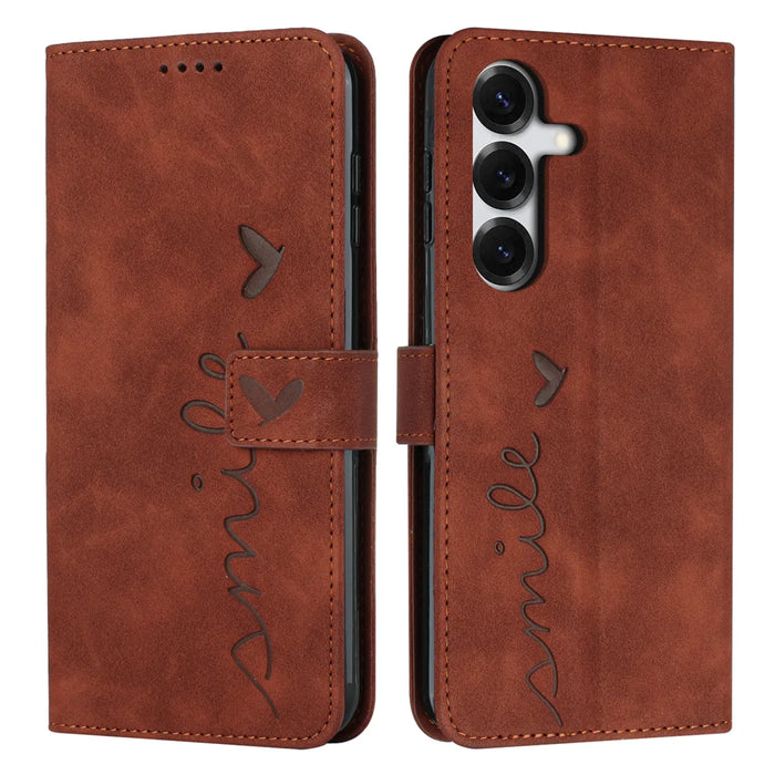 For Samsung Galaxy S26+ Stand Case PU Leather Phone Cover Imprinted Heart Pattern - Brown - 1