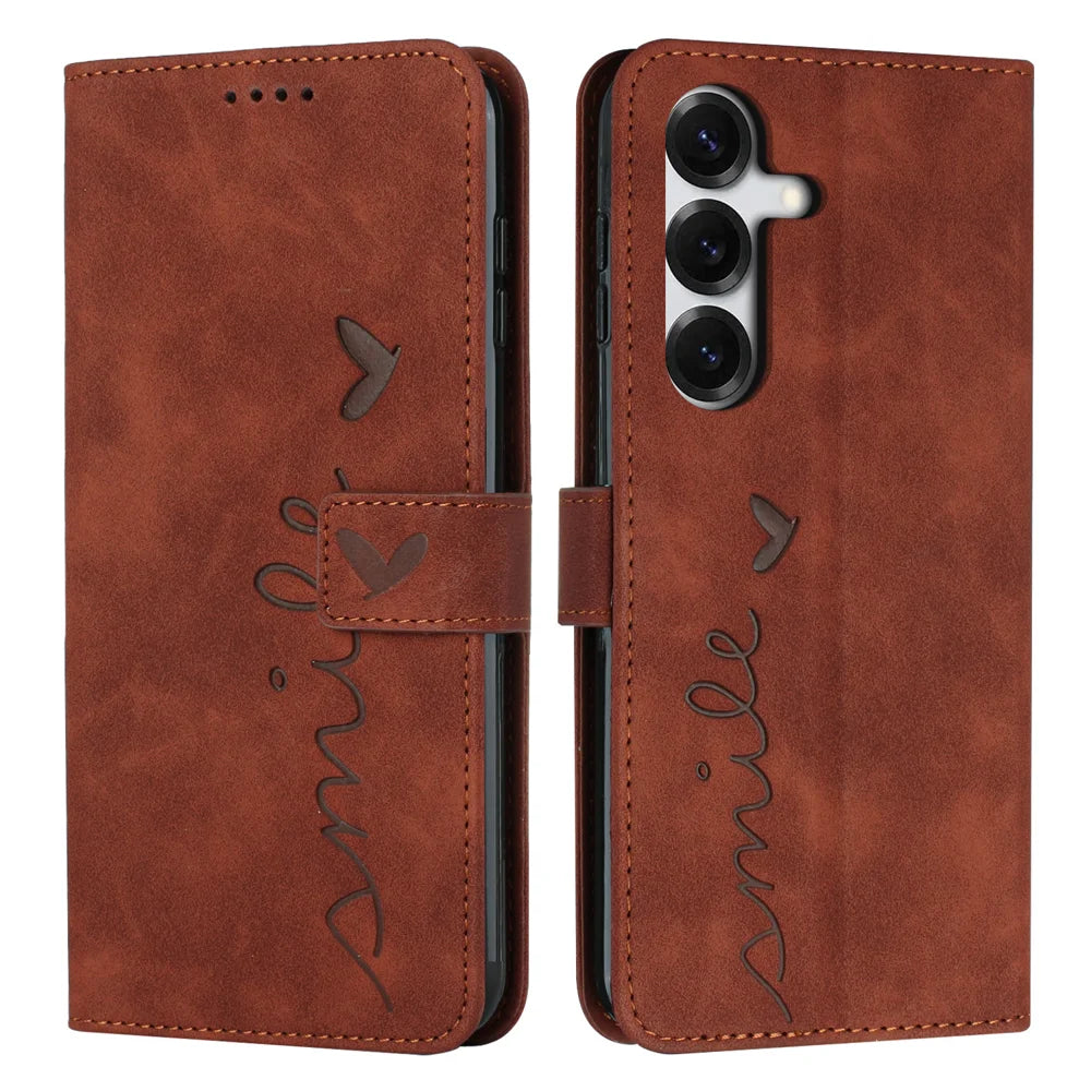 For Samsung Galaxy S26 Stand Case PU Leather Phone Cover Imprinted Heart Pattern - Brown - 1